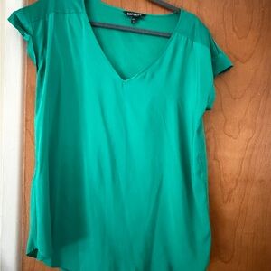 Express Women's Green V-Neck Satin Top